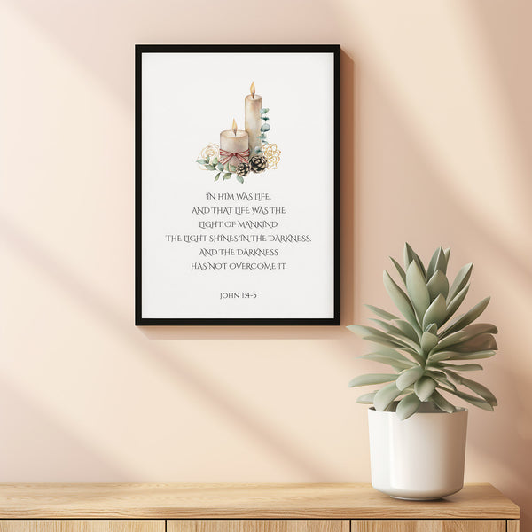 John 145 Christian Christmas Scripture Poster Wall Art, Minimalist Bible Verse with Watercolor Winter Candles Poster Files