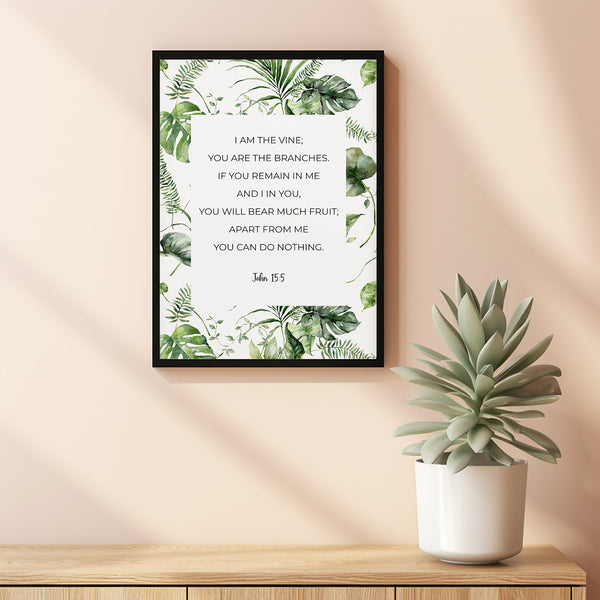 John 155 I am the Vine Easter Greenery Bible Verse Poster Wall Art, Botanical Christian Scripture Artwork with Watercolor Palm Leaves