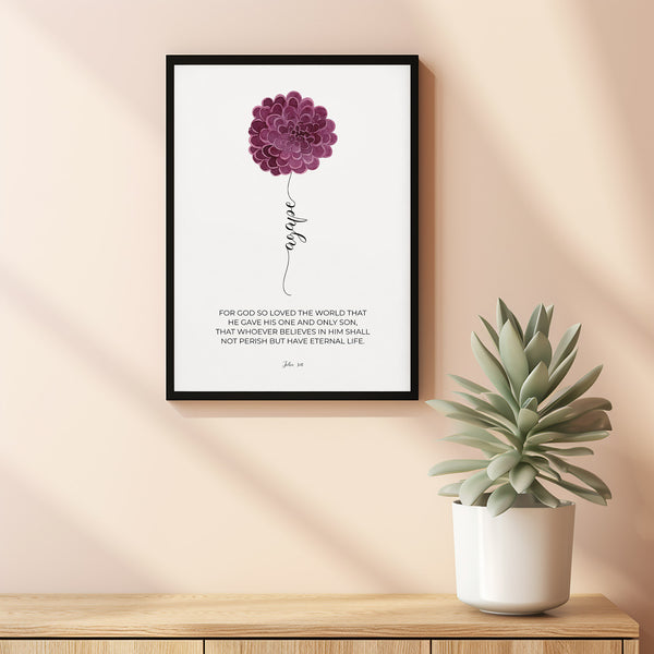 John 316 Agape Floral Christian Scripture Wall Art Poster Decor, For God So Loved the World Bible Verse Poster, Baptism Gift
