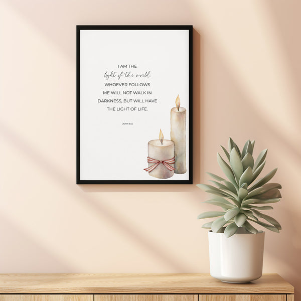 John 812 I am the Light of the World Christian Christmas Scripture Poster Wall Art, Winter Bible Verse Poster, Holiday Decor