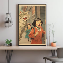 Joking Chinese Women Yelling at Cat Poster - Humorous Cat Wall Art