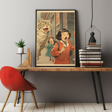 Joking Chinese Women Yelling at Cat Poster - Humorous Cat Wall Art