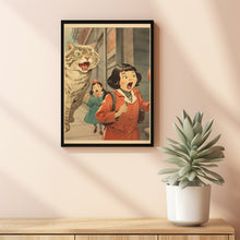 Joking Chinese Women Yelling at Cat Poster - Humorous Cat Wall Art