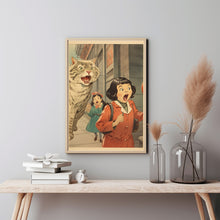 Joking Chinese Women Yelling at Cat Poster - Humorous Cat Wall Art