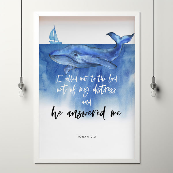 Jonah 2:2 'He Answered Me' Bible Verse Wall Art - Inspirational Scripture Card Poster, Perfect Christian Gift for Hope and Deliverance