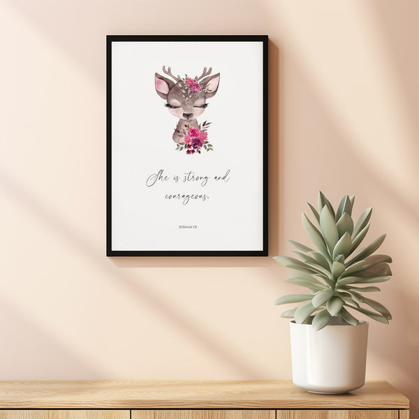 Joshua 19 She is Strong and Courageous Christian Nursery Scripture Wall Art Poster Decor, Cute Floral Bible Verse Poster