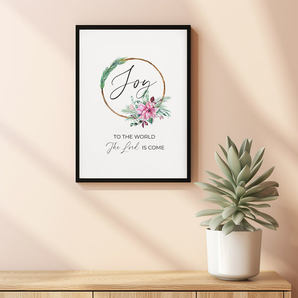 Joy to the world Christmas Quote Poster Wall Art, Watercolor Greenery and Pink Poinsettia Wreath Christian Christmas Poster