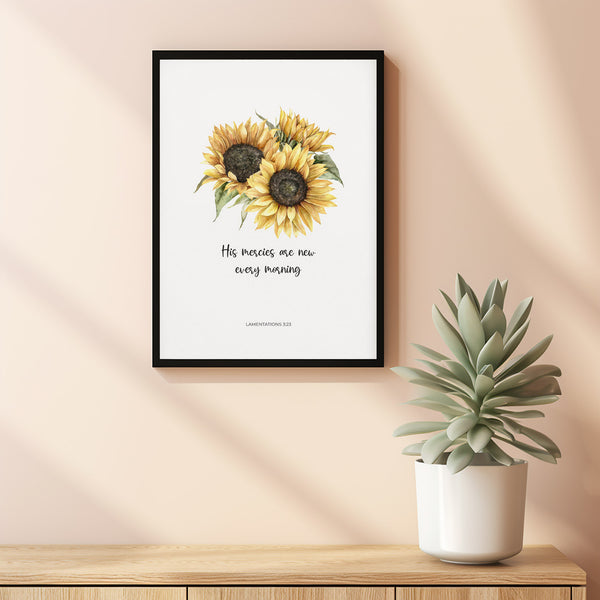 Lamentations 323 His Mercies are New Every Morning Poster Floral Bible Verse Wall Art, Watercolor Sunflowers Christian Scripture Artwork