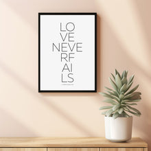 Love Never Fails Bible Verse - Modern Minimalist Scripture Poster for Timeless Inspiration