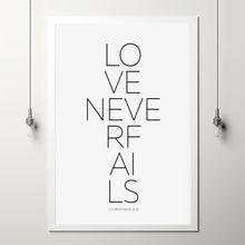 Love Never Fails Bible Verse - Modern Minimalist Scripture Poster for Timeless Inspiration