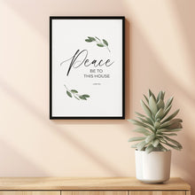 Luke 105 Peace Be To This House Bible Verse Wall Art Poster with Green Watercolor Olive Leaves, Christian Scripture Housewarming Gift