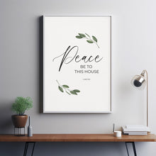 Luke 105 Peace Be To This House Bible Verse Wall Art Poster with Green Watercolor Olive Leaves, Christian Scripture Housewarming Gift