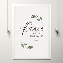 Luke 105 Peace Be To This House Bible Verse Wall Art Poster with Green Watercolor Olive Leaves, Christian Scripture Housewarming Gift