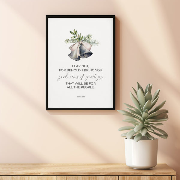 Luke 210 Good News of Great Joy Christmas Scripture Poster Wall Art with Watercolor Greenery and Bells, Winter Bible Verse Poster