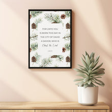 Luke 211 Botanical Christian Christmas Scripture Wall Art with Watercolor Fir and Pinecones, Winter Greenery Bible Verse Poster