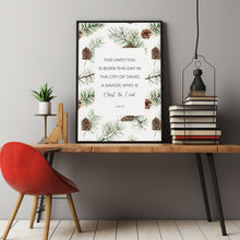 Luke 211 Botanical Christian Christmas Scripture Wall Art with Watercolor Fir and Pinecones, Winter Greenery Bible Verse Poster