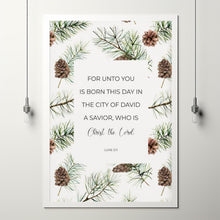 Luke 211 Botanical Christian Christmas Scripture Wall Art with Watercolor Fir and Pinecones, Winter Greenery Bible Verse Poster