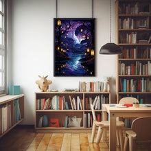 Magical Forest River Lantern Poster - Mystical Purple Forest Color Art, Enchanting Fantasy Wall Decor for Dreamy Ambiance
