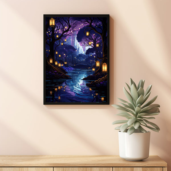Magical Forest River Lantern Poster - Mystical Purple Forest Color Art, Enchanting Fantasy Wall Decor for Dreamy Ambiance