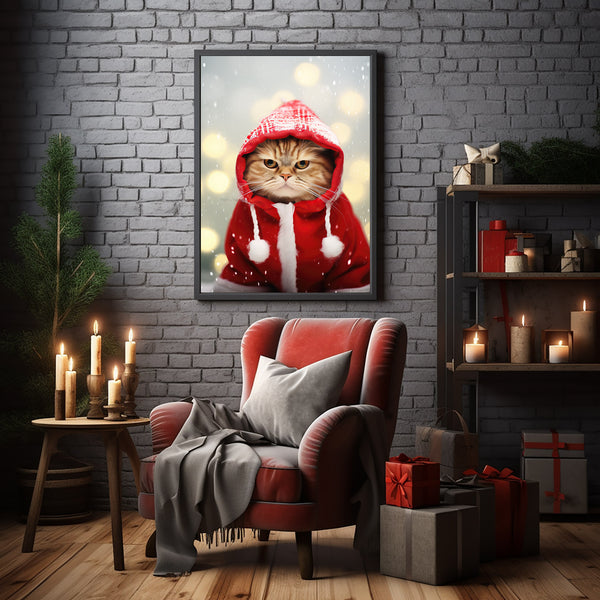 Charming Cat in Christmas Attire Poster - Festive Xmas Decor | Nostalgic Vintage Holiday Art Print