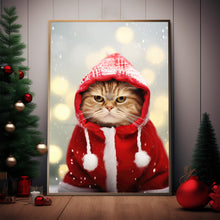 Charming Cat in Christmas Attire Poster - Festive Xmas Decor | Nostalgic Vintage Holiday Art Print