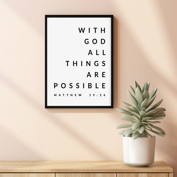 Matthew 19:26 All Things Are Possible Bible Verse Wall Art - Inspirational Christian Decor for Faith and Hope