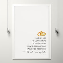 Matthew 196, No Longer Two but One Flesh Marriage Bible Verse Poster Wall Art with Watercolor Gold Rings, Christian Wedding Gift