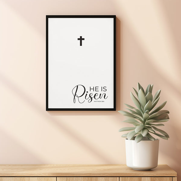 Matthew 286 He is Risen Easter Poster Bible Verse Wall Art with Cross, Christian Resurrection Scripture Poster