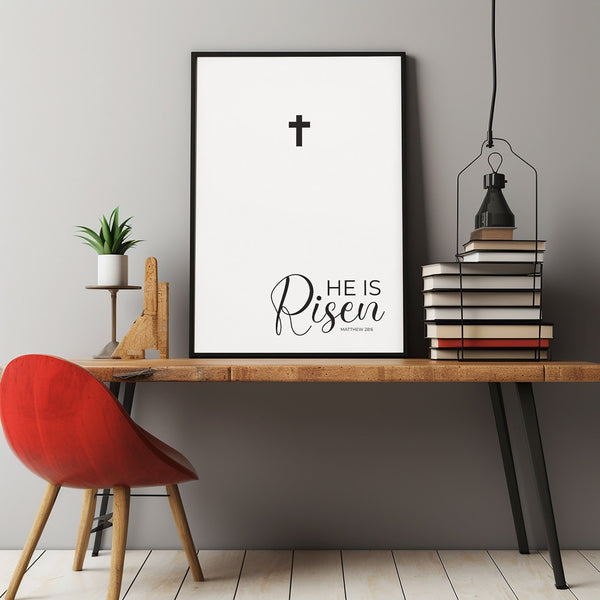 Matthew 286 He is Risen Easter Poster Bible Verse Wall Art with Cross ...