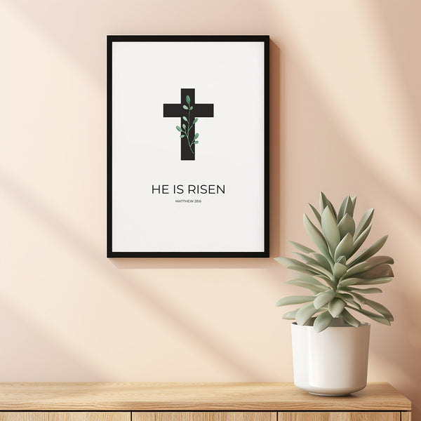 Matthew 286 He is Risen Easter Poster Bible Verse Wall Art with Cross and Watercolor Green Leaf, Christian Scripture