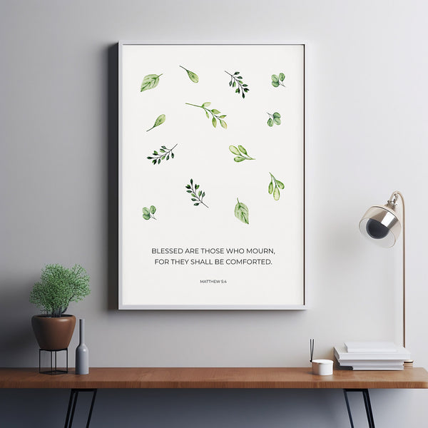 Matthew 54 Blessed are Those Who Mourn Bible Verse Poster Wall Art, Christian Sympathy Scripture Wall Decor with Watercolor Green Leaves