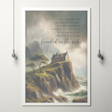 Matthew 725 house built on the rock Bible Verse Poster, Christan Wall Art,, Christian Religious vintage illustration oil painting artwork poster