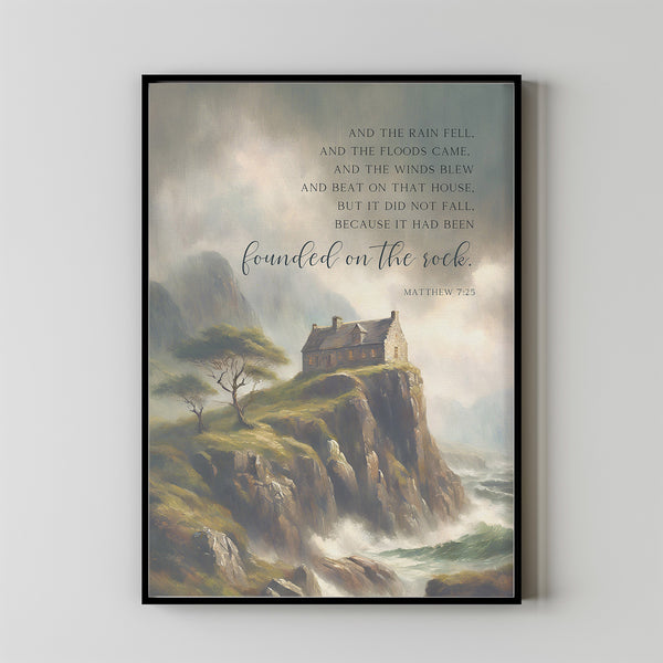 Matthew 725 house built on the rock Bible Verse Poster, Christan Wall Art,, Christian Religious vintage illustration oil painting artwork poster