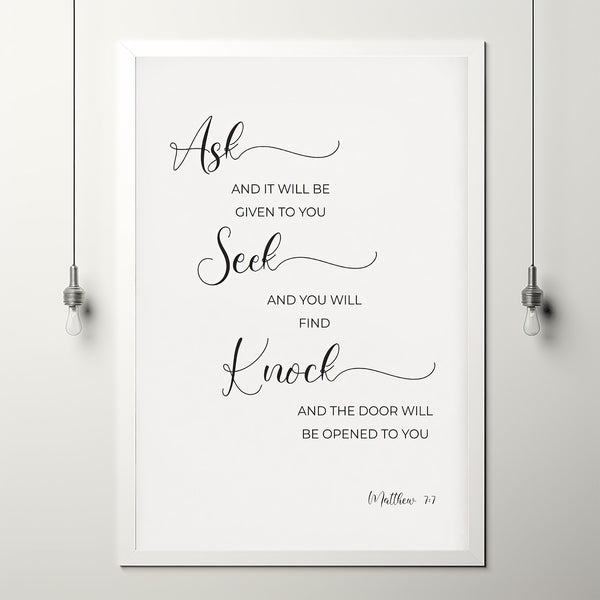 Matthew 77 Ask Seek Knock Minimalist Bible Verse Wall Art Poster, Modern Christian Scripture Poster Home Decor, Baptism Gift