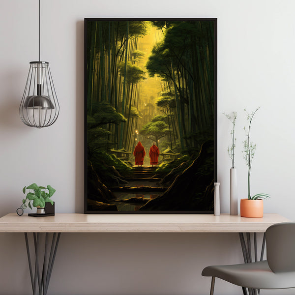 Monks Walk in the Bamboo Forest Poster - Serene Mountain Wall Art | Buddhist Home Decor | Tranquil Fighter Wall Art