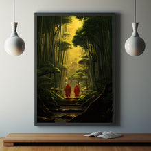 Monks Walk in the Bamboo Forest Poster - Serene Mountain Wall Art | Buddhist Home Decor | Tranquil Fighter Wall Art