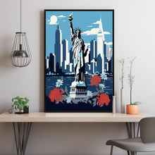 New York City Graphic Style Poster in Black, White, and Blue - Modern New York Travel Print | Traditional US Cityscape Art