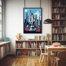 New York City Graphic Style Poster in Black, White, and Blue - Modern New York Travel Print | Traditional US Cityscape Art