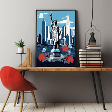 New York City Graphic Style Poster in Black, White, and Blue - Modern New York Travel Print | Traditional US Cityscape Art