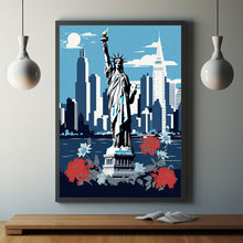 New York City Graphic Style Poster in Black, White, and Blue - Modern New York Travel Print | Traditional US Cityscape Art