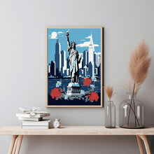 New York City Graphic Style Poster in Black, White, and Blue - Modern New York Travel Print | Traditional US Cityscape Art