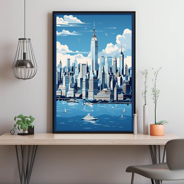 New York City Graphic Style Poster in Black, White, and Blue - Modern New York Travel Print | Traditional US Cityscape Art