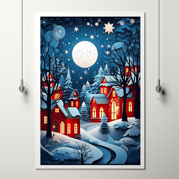 Enchanting Night Winter Scenery Poster | Cozy Red Roof Houses and Illuminated Lights | Winter Wonderland Wall Art Print | Magical Holiday Deco