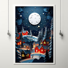 Enchanting Night Winter Scenery Poster | Cozy Red Roof Houses and Illuminated Lights | Winter Wonderland Wall Art Print | Magical Holiday Decor