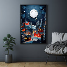 Enchanting Night Winter Scenery Poster | Cozy Red Roof Houses and Illuminated Lights | Winter Wonderland Wall Art Print | Magical Holiday Decor