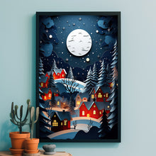 Enchanting Night Winter Scenery Poster | Cozy Red Roof Houses and Illuminated Lights | Winter Wonderland Wall Art Print | Magical Holiday Decor