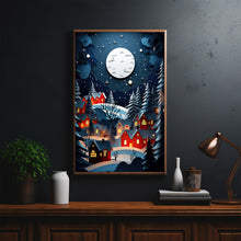 Enchanting Night Winter Scenery Poster | Cozy Red Roof Houses and Illuminated Lights | Winter Wonderland Wall Art Print | Magical Holiday Decor