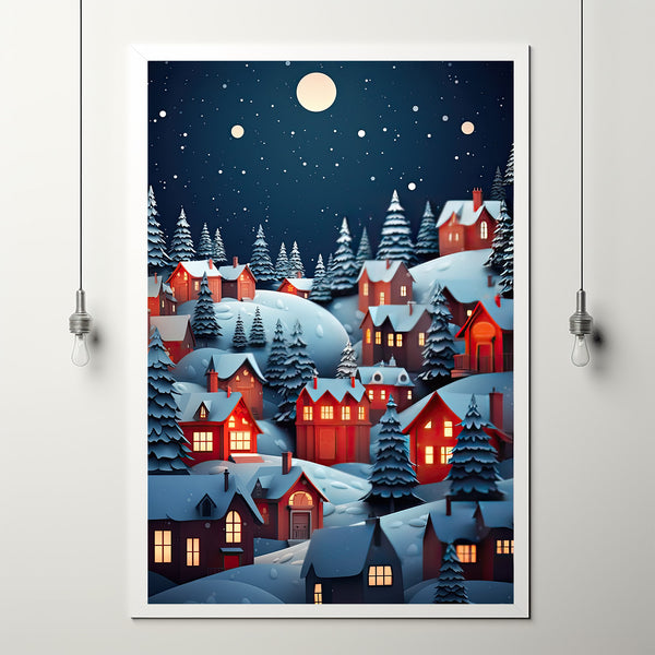 Enchanting Night Winter Scenery Poster | Cozy Red Roof Houses and Illuminated Lights | Winter Wonderland Wall Art Print | Magical Holiday Decor