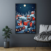 Enchanting Night Winter Scenery Poster | Cozy Red Roof Houses and Illuminated Lights | Winter Wonderland Wall Art Print | Magical Holiday Decor