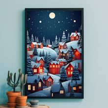 Enchanting Night Winter Scenery Poster | Cozy Red Roof Houses and Illuminated Lights | Winter Wonderland Wall Art Print | Magical Holiday Decor